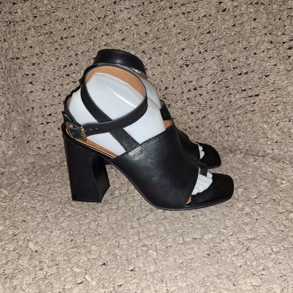 L'INTERVALLE-Black Leather- Dbl Wrap Ankle Strap-Toe Post-Block Heel-Sz 40-NWOB - Picture 5 of 8